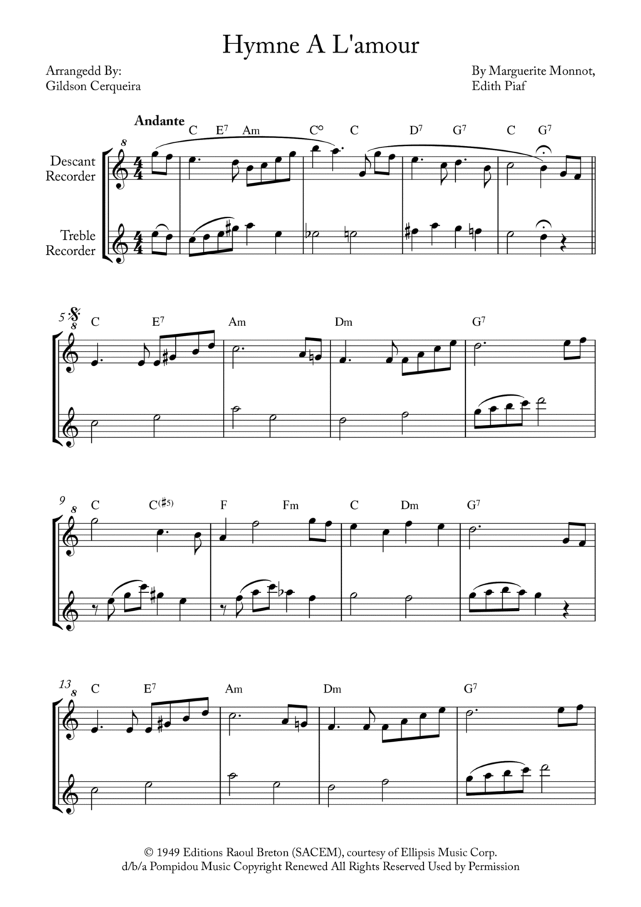 Hymne A L'amour Woodwind Duet scores gallery preview page 1