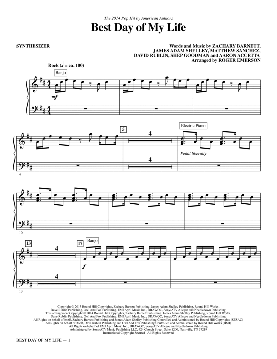 Best Day of My Life - Synthesizer Choir scores gallery preview page 1