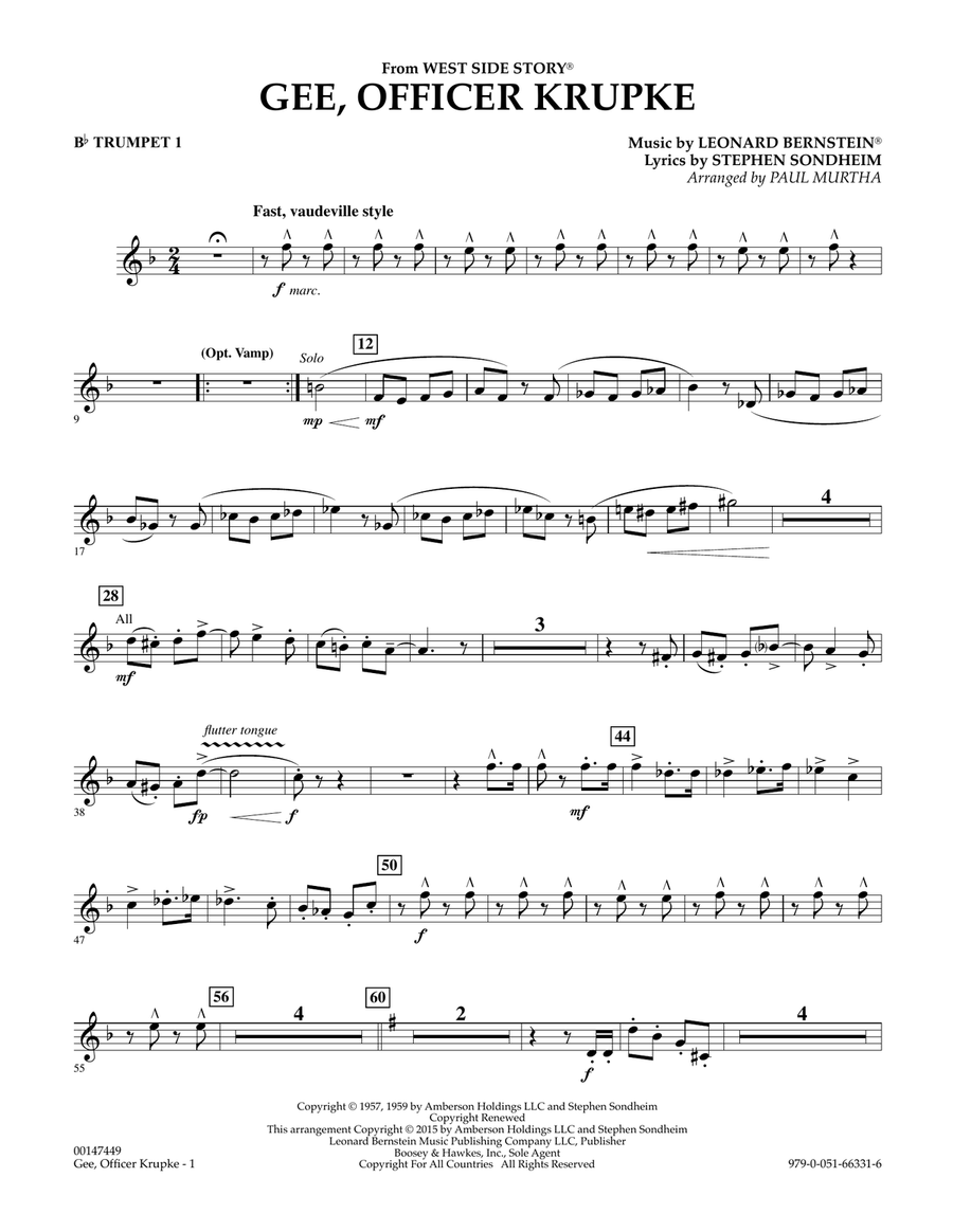 Gee, Officer Krupke (from West Side Story) (arr. Paul Murtha) - Bb Trumpet 1 Concert Band scores gallery preview page 1