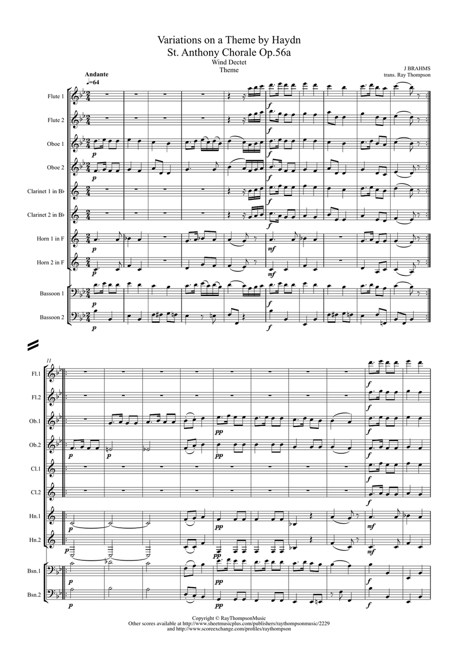 Brahms: Variations on a Theme by Haydn (St. Anthony Chorale) Op.56a (Theme & Variations 1-8) Woodwind Quintet scores gallery preview page 1