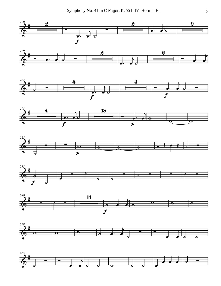 Mozart Symphony No. 41, Jupiter, Movement IV - Horn in F 1 (Transposed Part), K. 551 Horn Solo scores gallery preview page 3