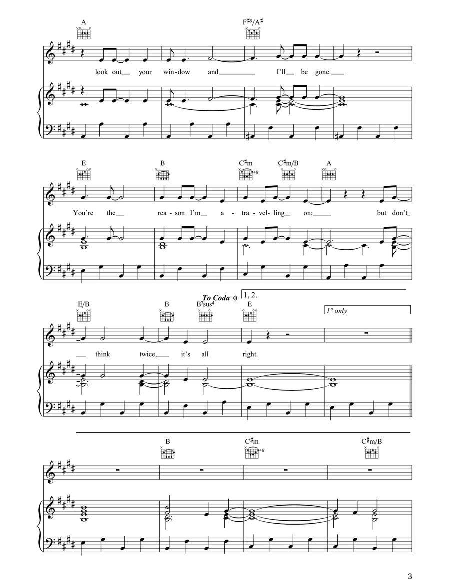 Don't Think Twice, It's Alright Piano, Vocal, Guitar scores gallery preview page 3