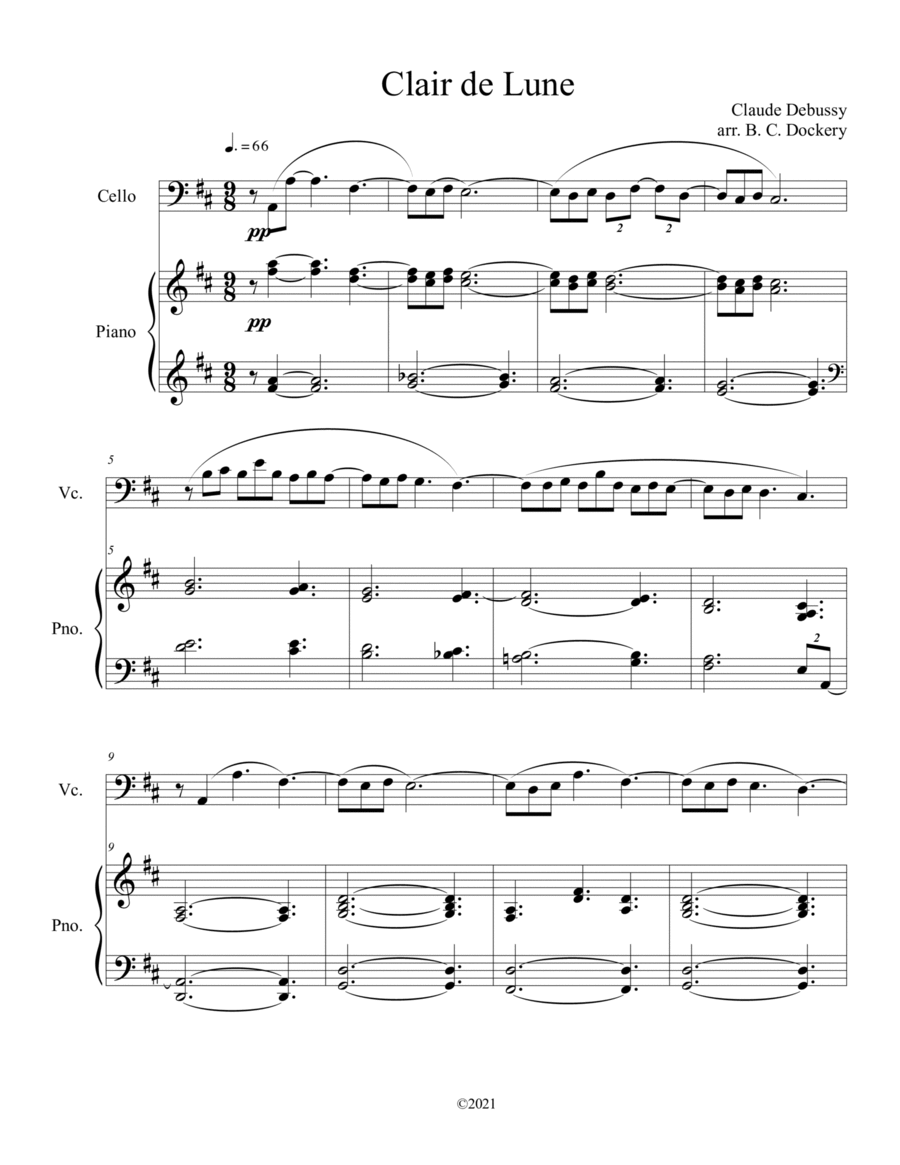 Clair de Lune (Cello Solo) with piano accompaniment Piano scores gallery preview page 1