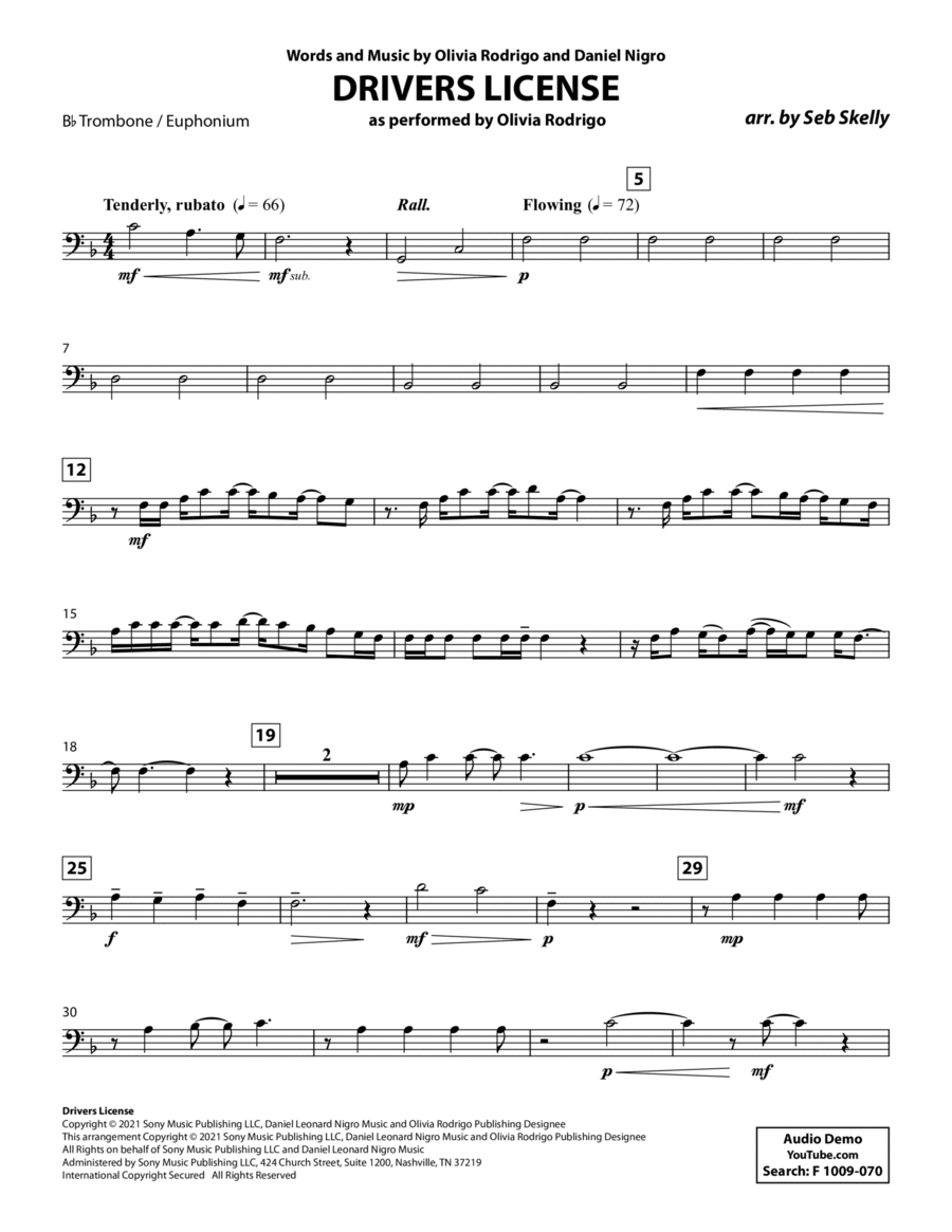 Drivers License (for Brass Quintet) (arr. Seb Skelly) - Bb Trombone / Euphonium B.C. Brass Quintet scores gallery preview page 1