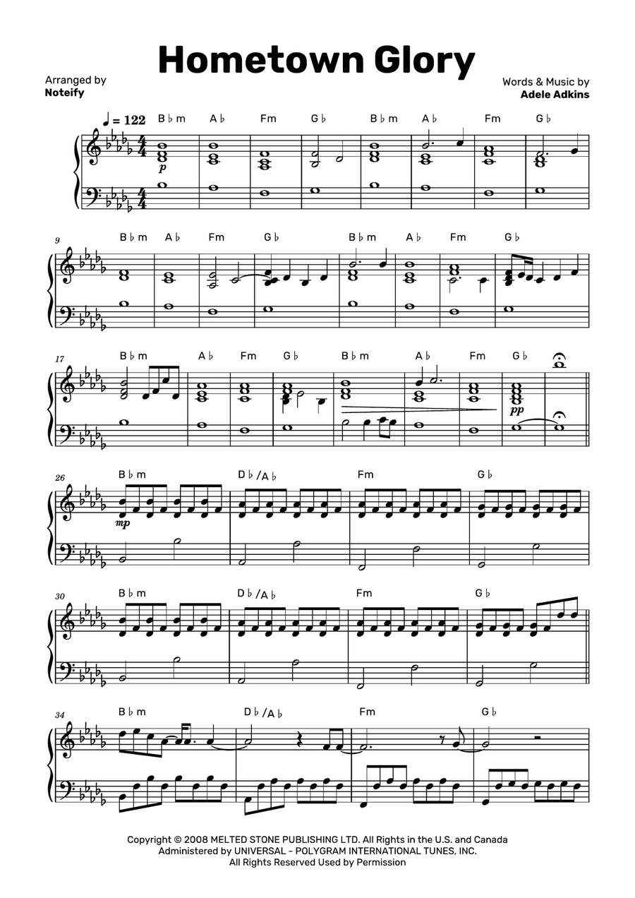 Hometown Glory Piano Solo scores gallery preview page 1