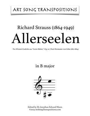 Book cover for STRAUSS: Allerseelen, Op. 10 no. 8 (transposed to B major, B-flat major, and A major)