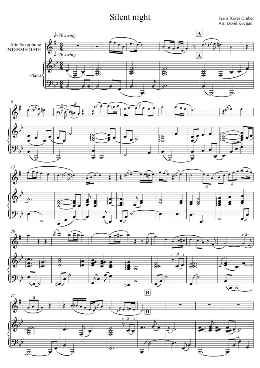 Silent night - INTERMEDIATE (alto sax & piano) Alto Saxophone scores gallery preview page 1