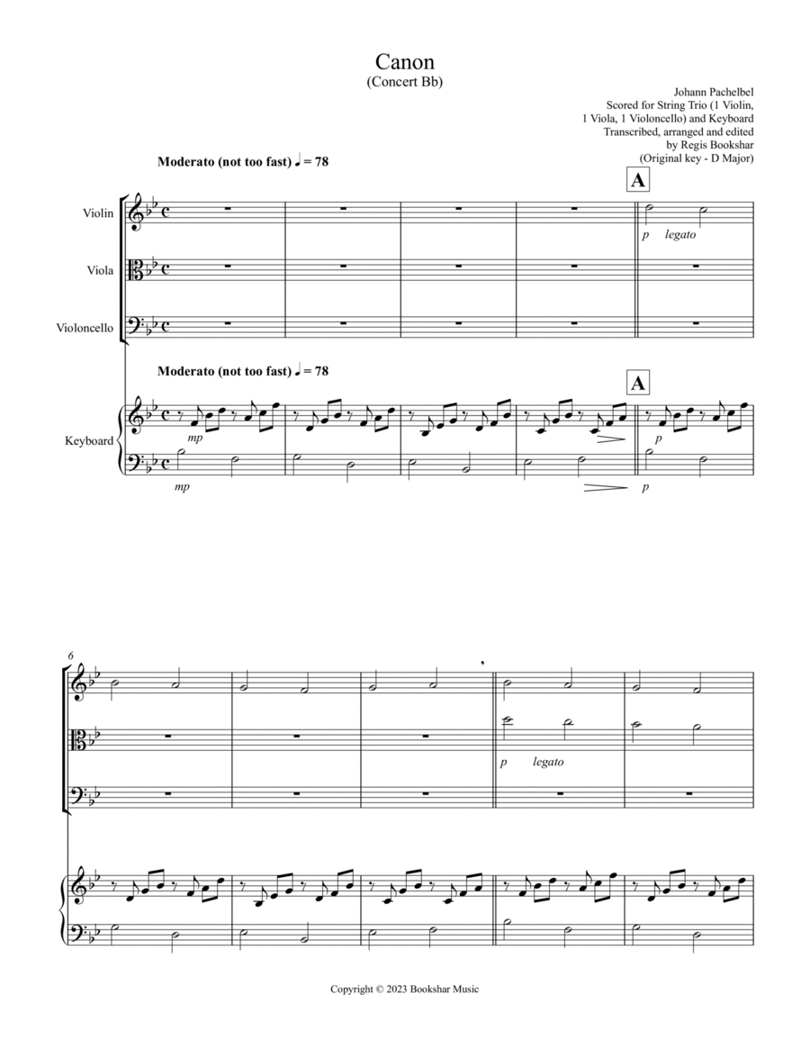 Canon (Pachelbel) (Bb) (String Trio - 1 Violin, 1 Viola, 1 Cello), Keyboard) String Trio scores gallery preview page 1