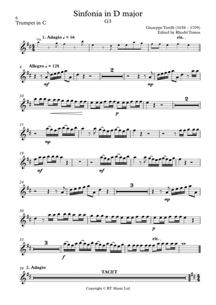 Torelli G3 Sinfonia in D major. Solo trumpet parts.