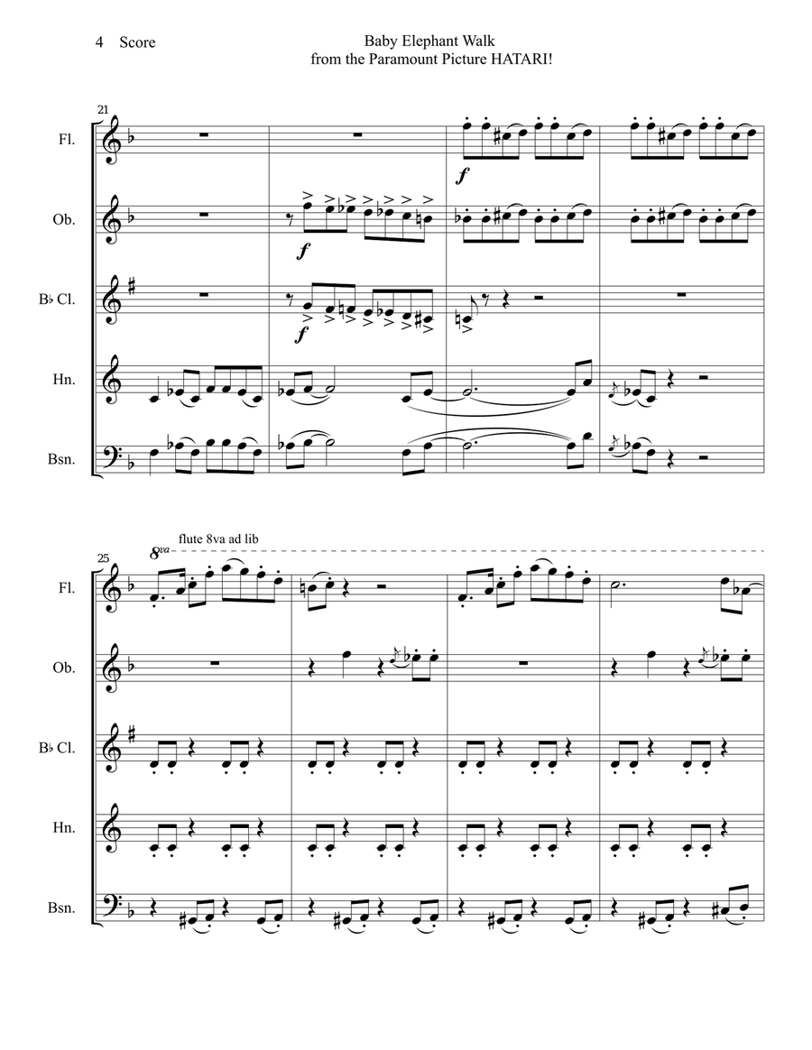 Baby Elephant Walk from the Paramount Picture HATARI! Woodwind Quintet scores gallery preview page 5