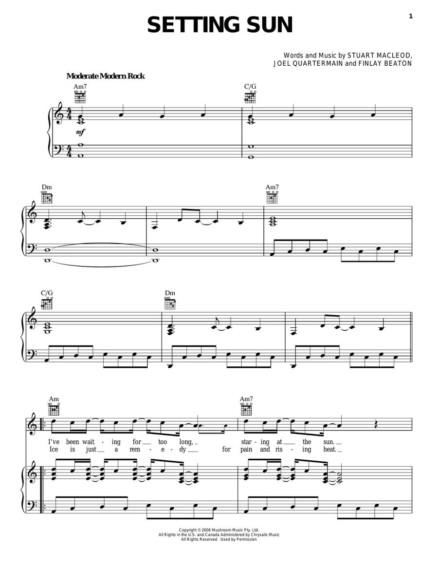 Setting Sun Piano, Vocal, Guitar scores gallery preview page 1