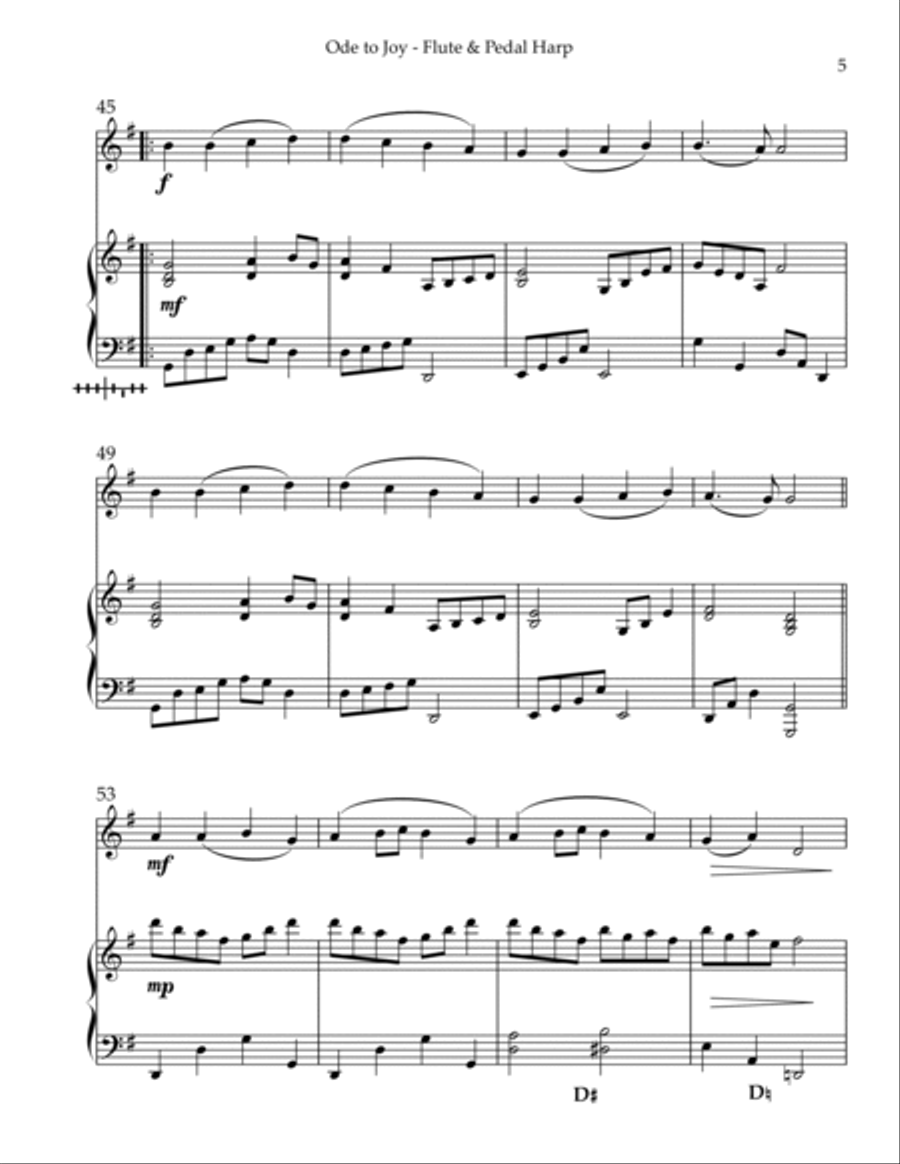 Ode to Joy, Duet for Flute & Pedal Harp Flute scores gallery preview page 5
