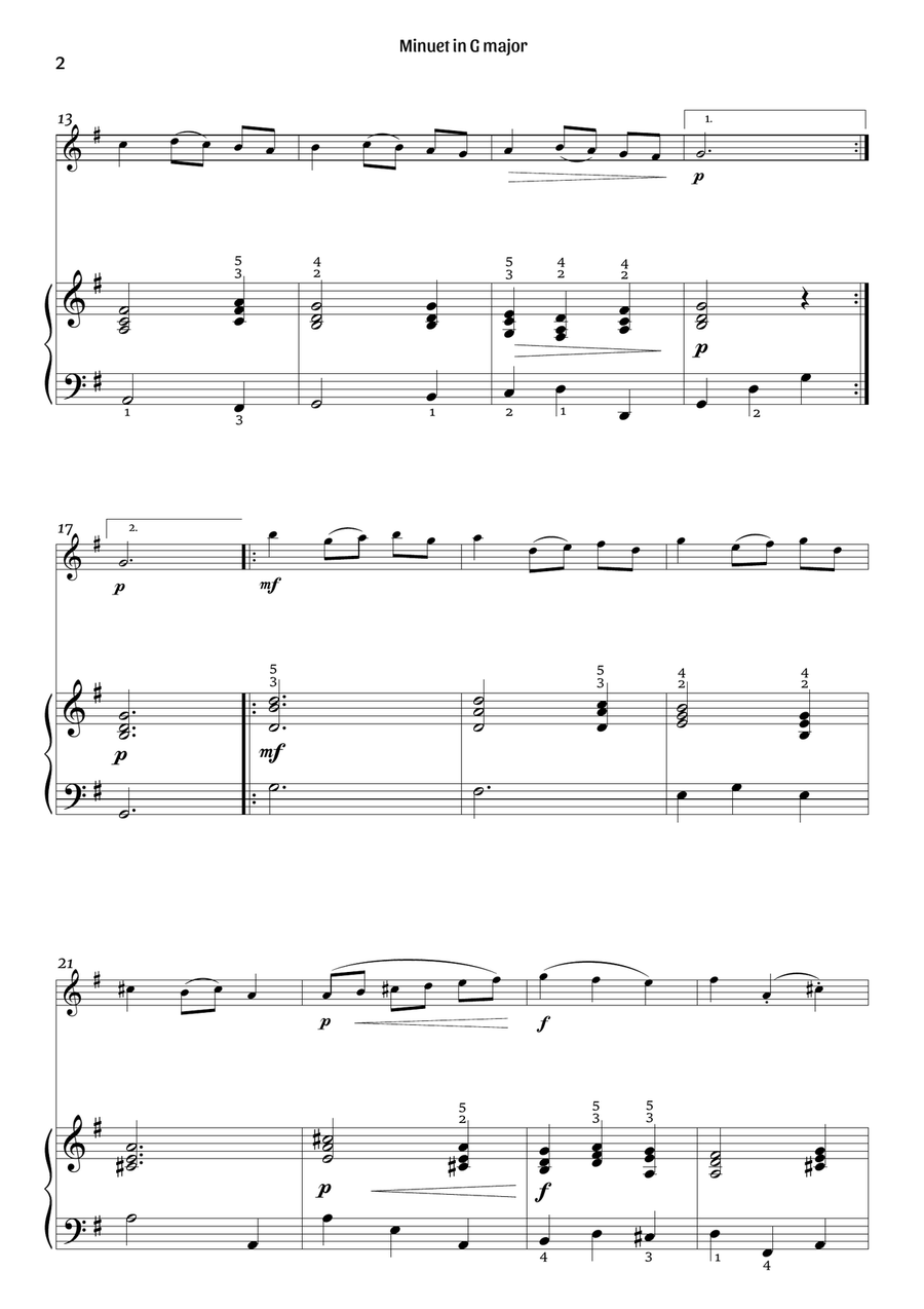 Minuet in G major (violin and piano – clean with fingering) Violin Solo scores gallery preview page 2