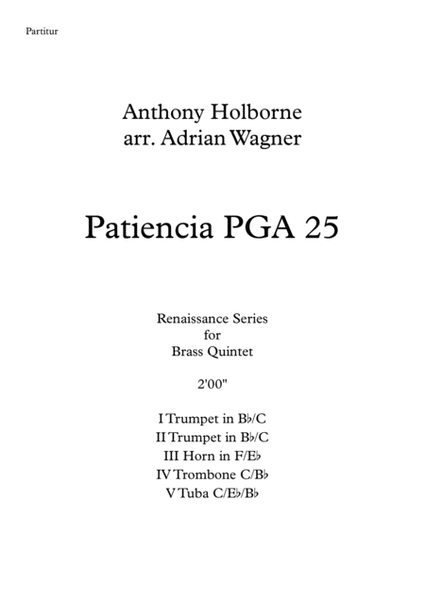 Patiencia PGA 25 (Anthony Holborne) Brass Quintet arr. Adrian Wagner image number null