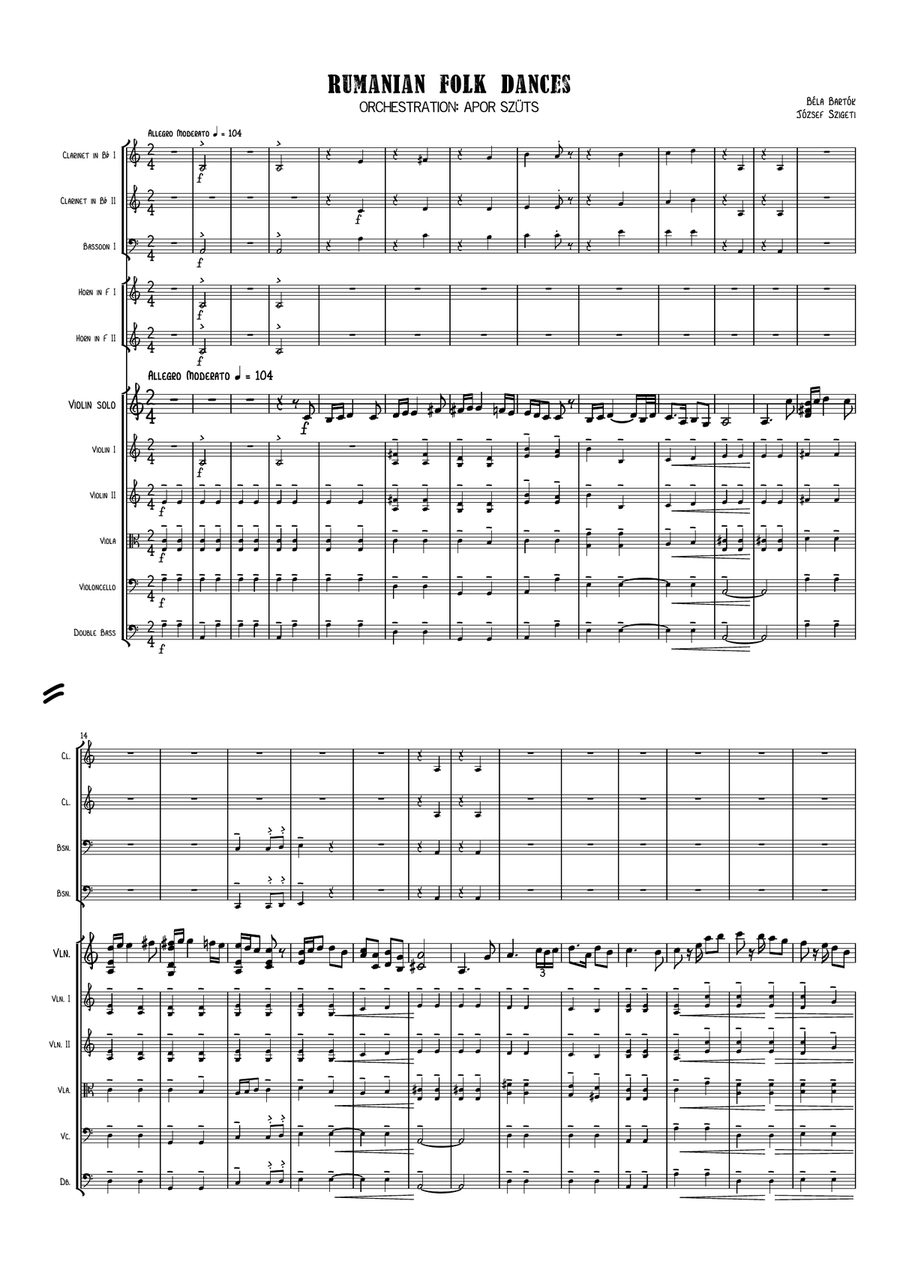 Béla Bartók - Romanian folk dances - arrangement for violin solo and orchestra Full Orchestra scores gallery preview page 1
