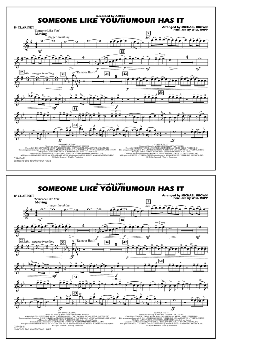Someone Like You/Rumour Has It - Bb Clarinet Marching Band scores gallery preview page 1