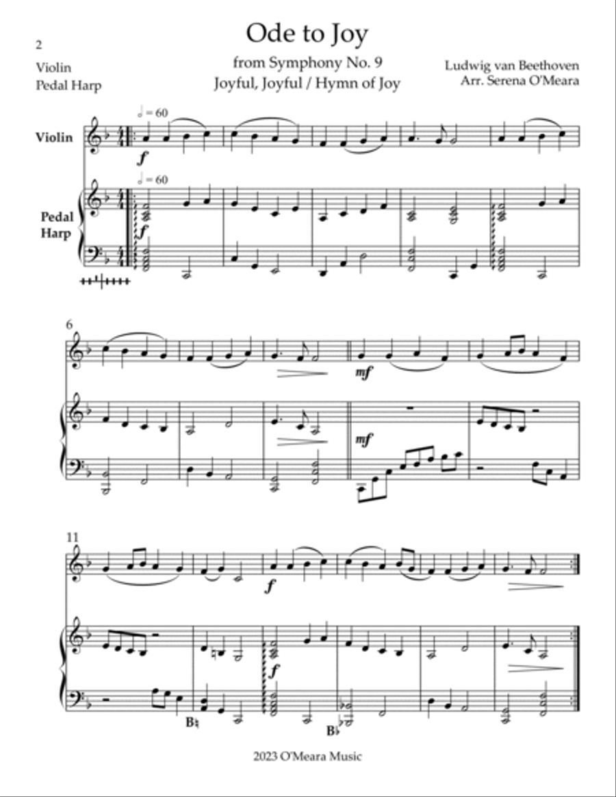 Ode to Joy, Duet for Violin & Pedal Harp String Duet scores gallery preview page 2