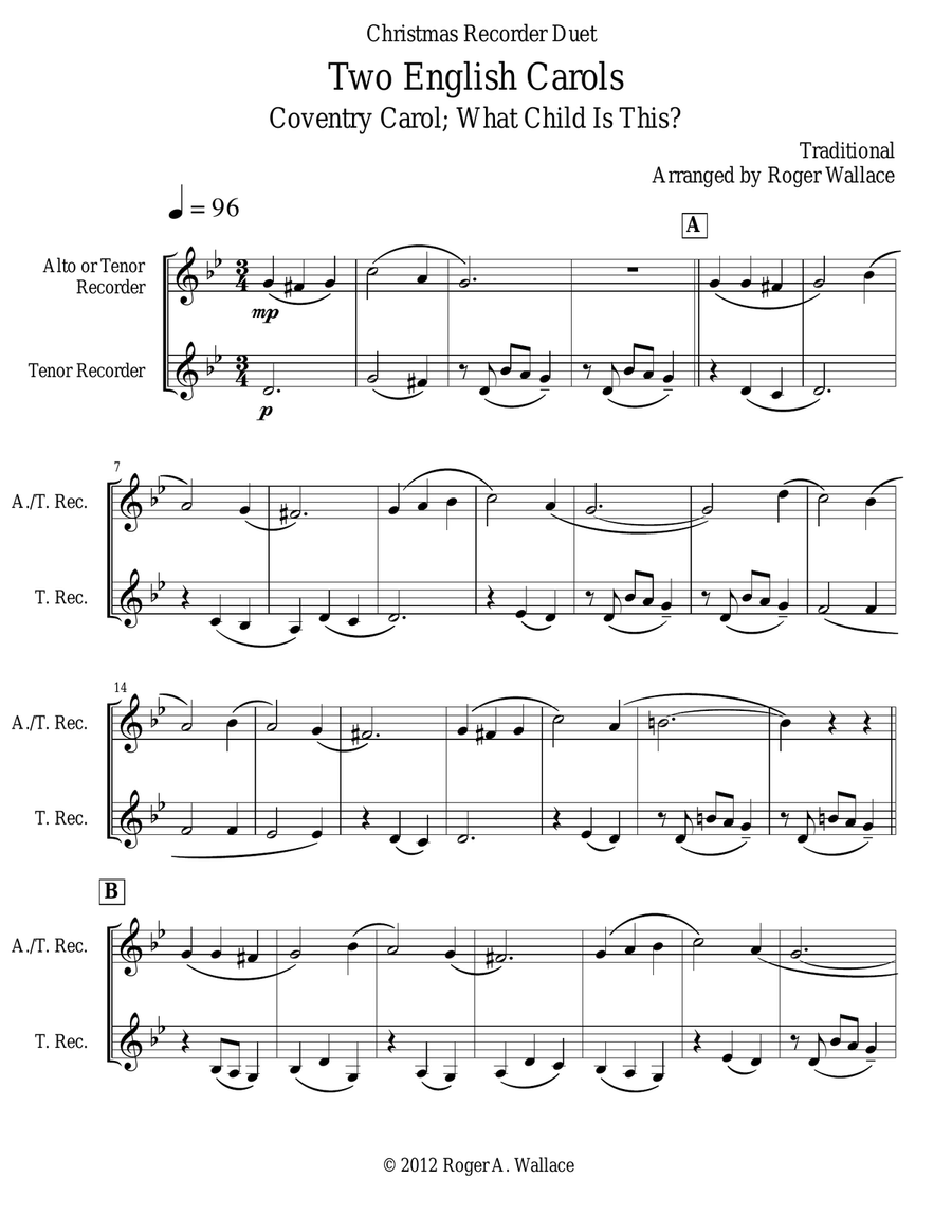 Two English Carols (Coventry Carol; What Child Is This?) - Recorder Duet Woodwind Duet scores gallery preview page 1