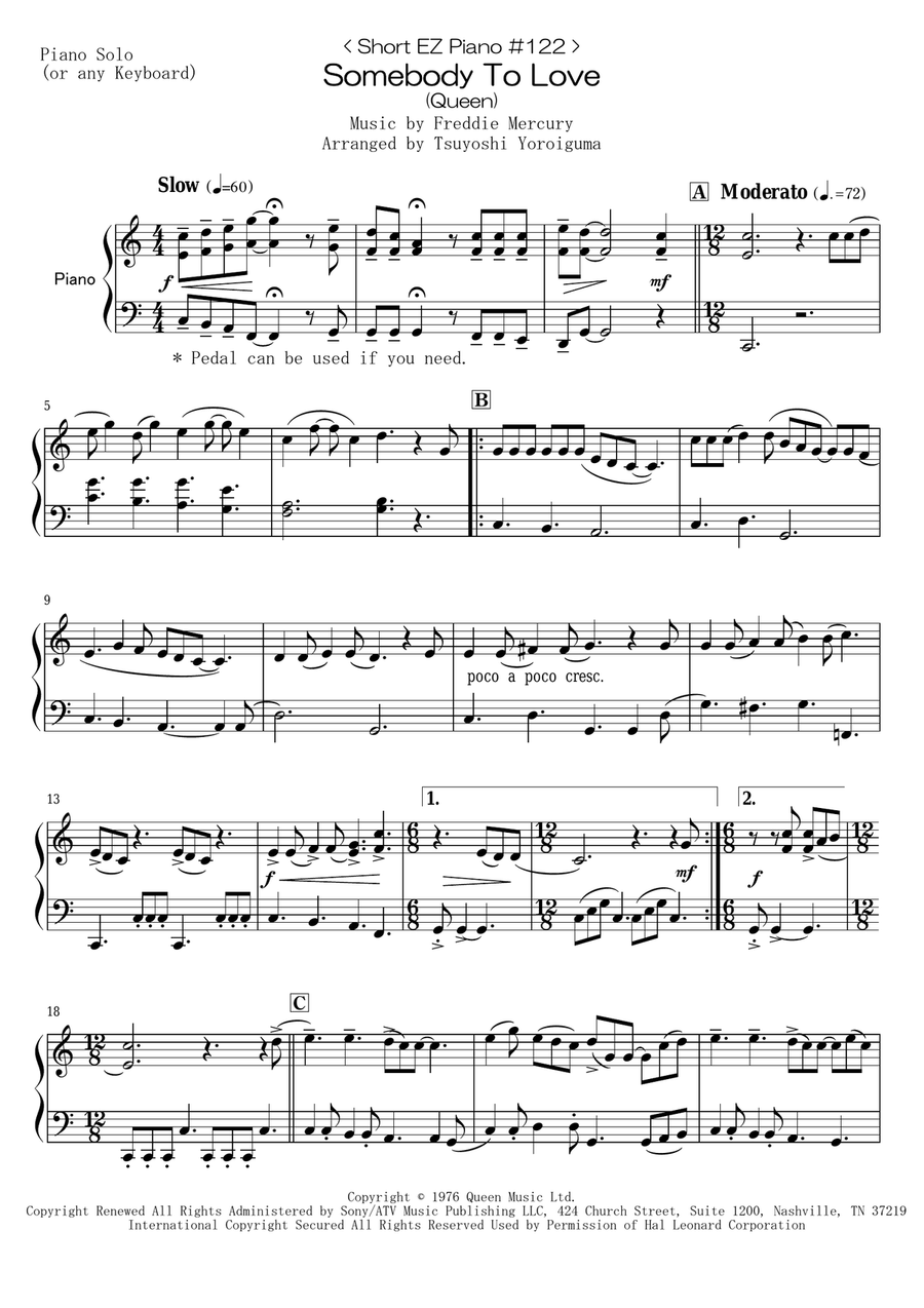 Somebody To Love Easy Piano scores gallery preview page 1