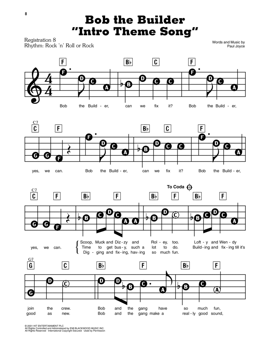 Bob The Builder (Main Title) Electronic Keyboard scores gallery preview page 1