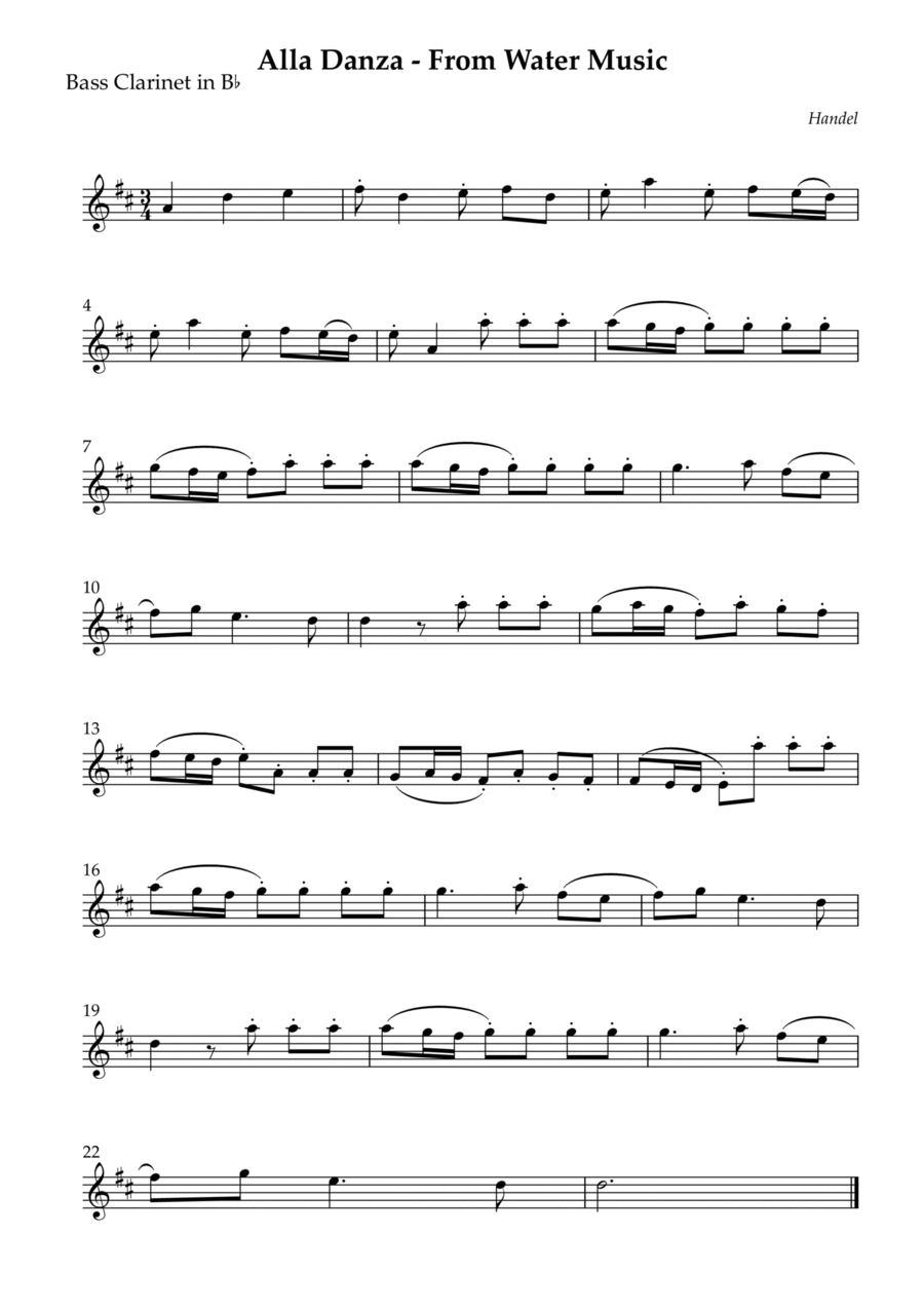 Alla Danza (From Water Music) Bass Clarinet scores gallery preview page 1