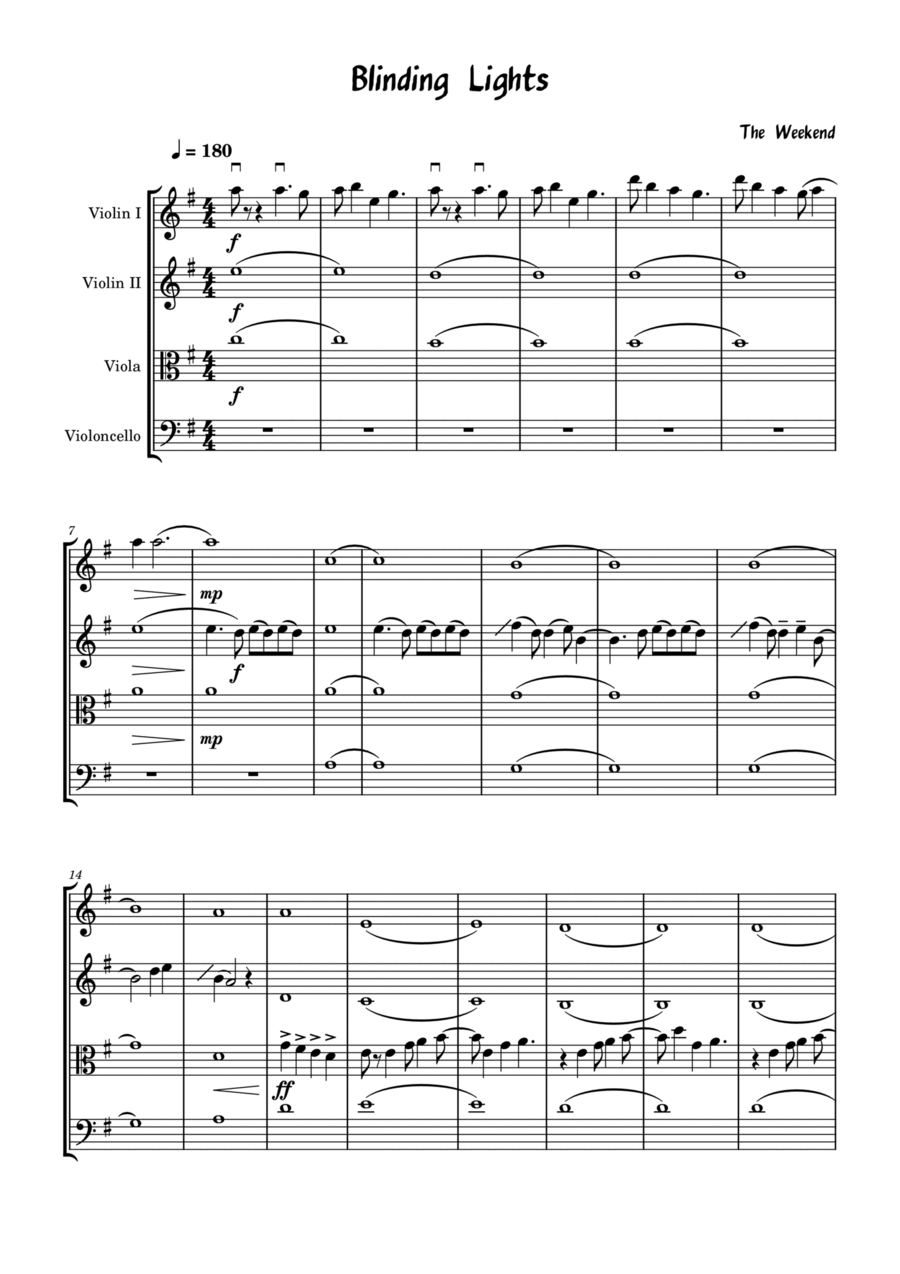 Blinding Lights String Quartet scores gallery preview page 1