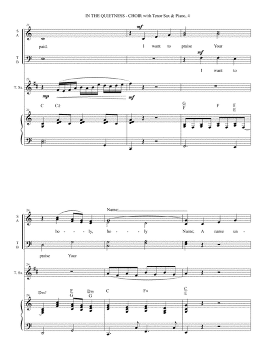IN THE QUIETNESS (For SATB Choir with Tenor Sax & Piano - separate Octavo, Choir & Tenor Sax Part in image number null
