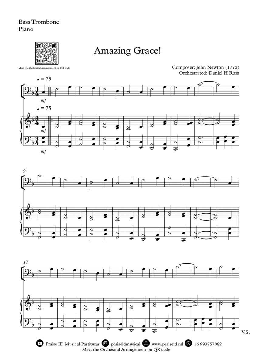 Amazing Grace How Sweet the sound - Easy Bass Trombone and Piano image number null
