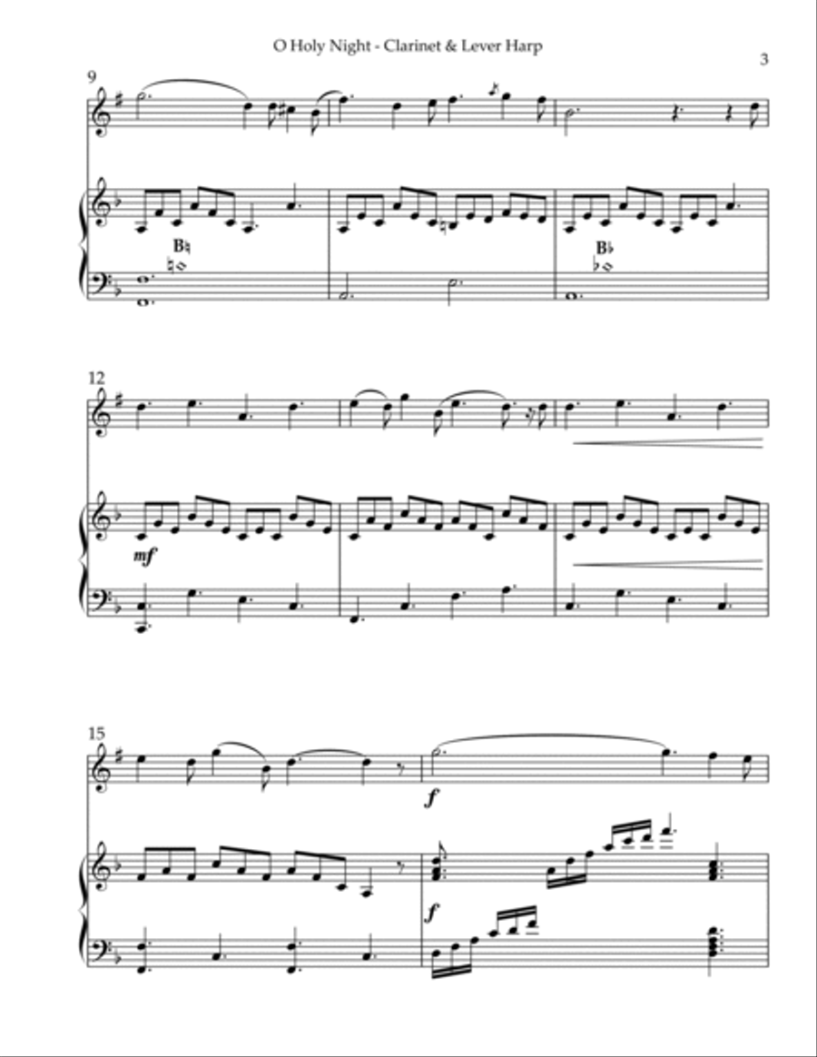 O Holy Night, Duet for Bb Clarinet & Lever Harp B-Flat Clarinet scores gallery preview page 3