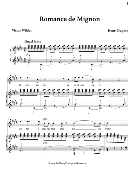 DUPARC: Romance de Mignon (transposed to E major)