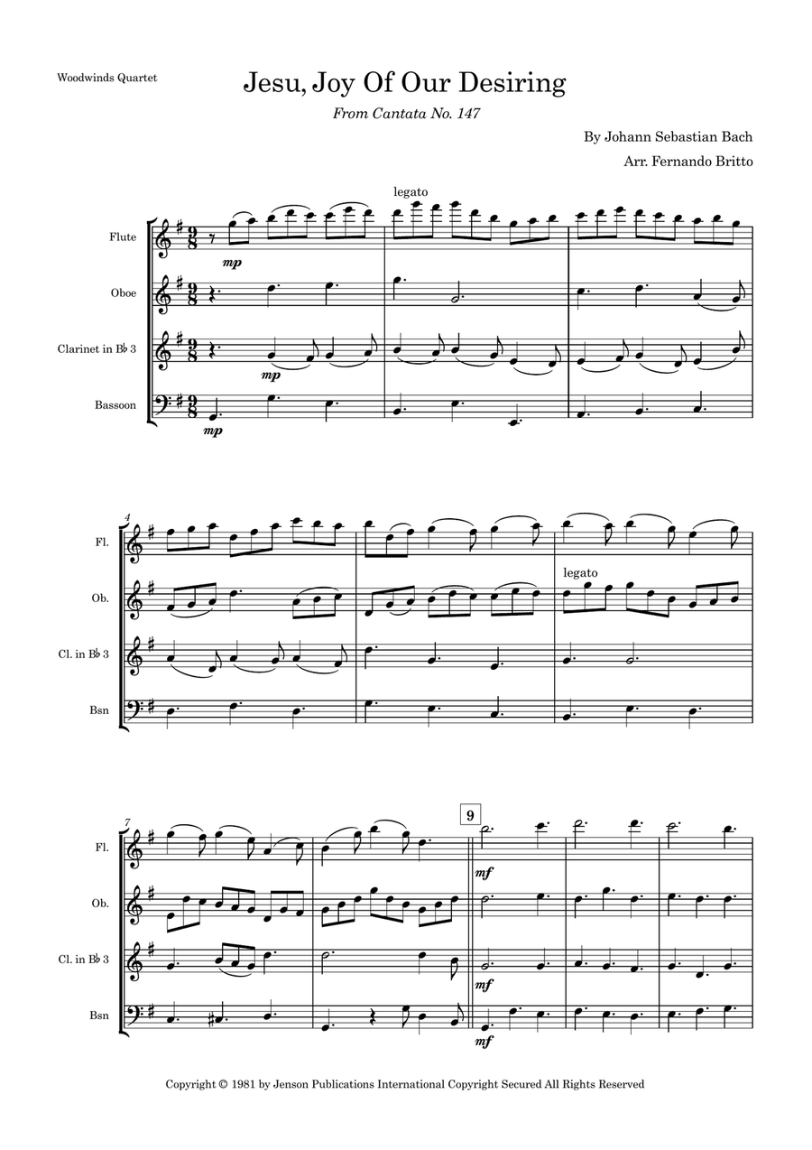 Jesu, Joy of Man's Desiring (J. S. Bach) for Woodwind Quartet