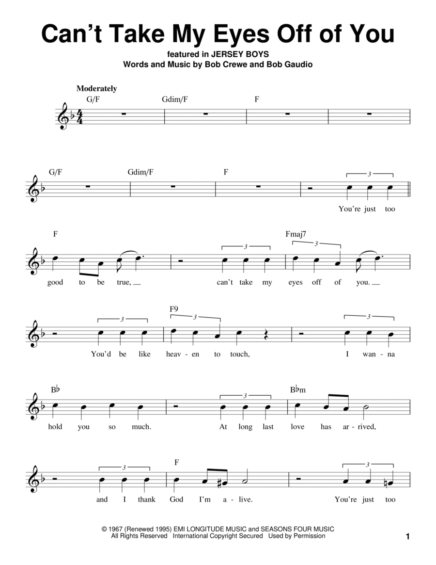Can't Take My Eyes Off Of You (from Jersey Boys) Voice scores gallery preview page 1