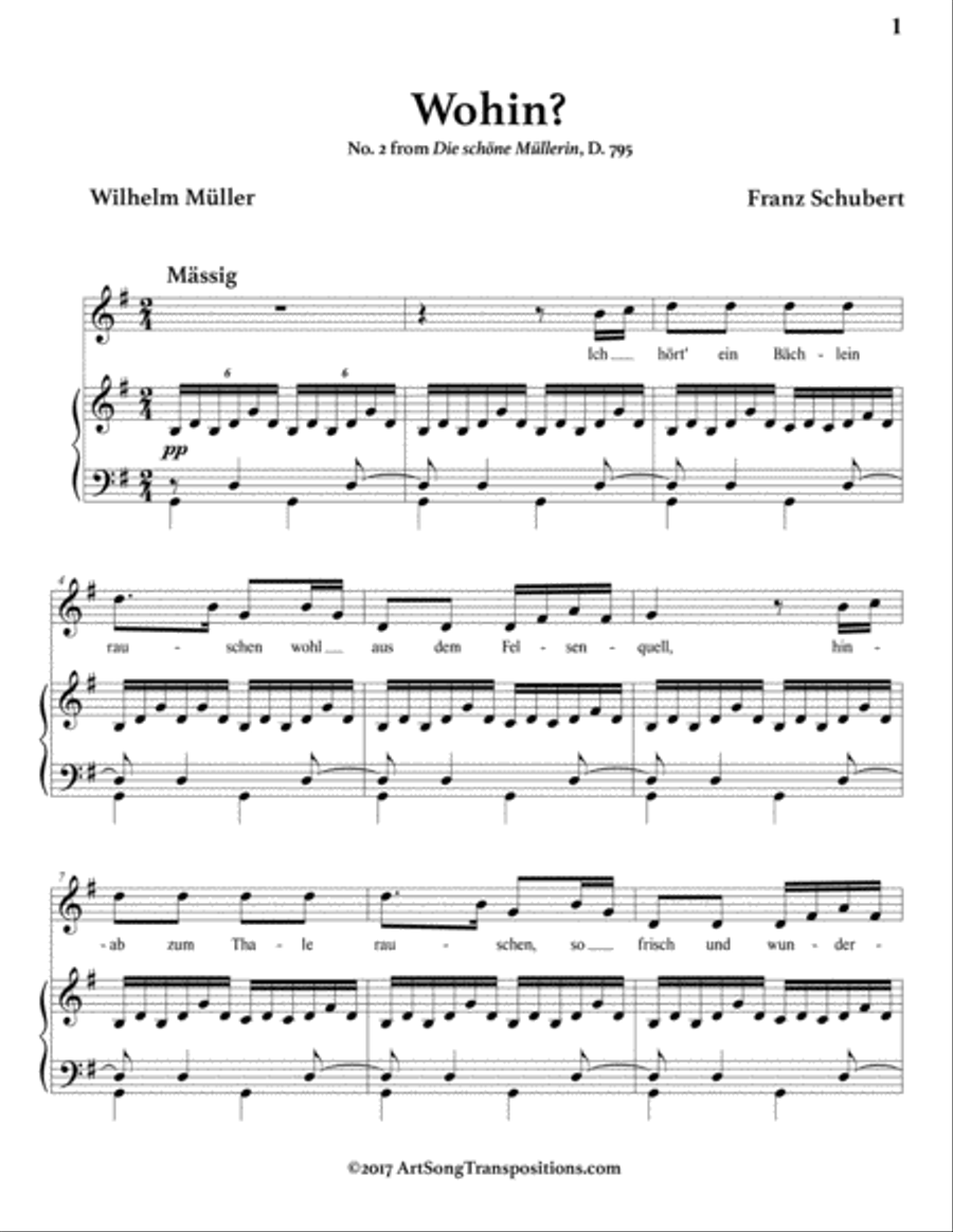 SCHUBERT: Wohin? D. 795 no. 2 (transposed to G major) Voice scores gallery preview page 2