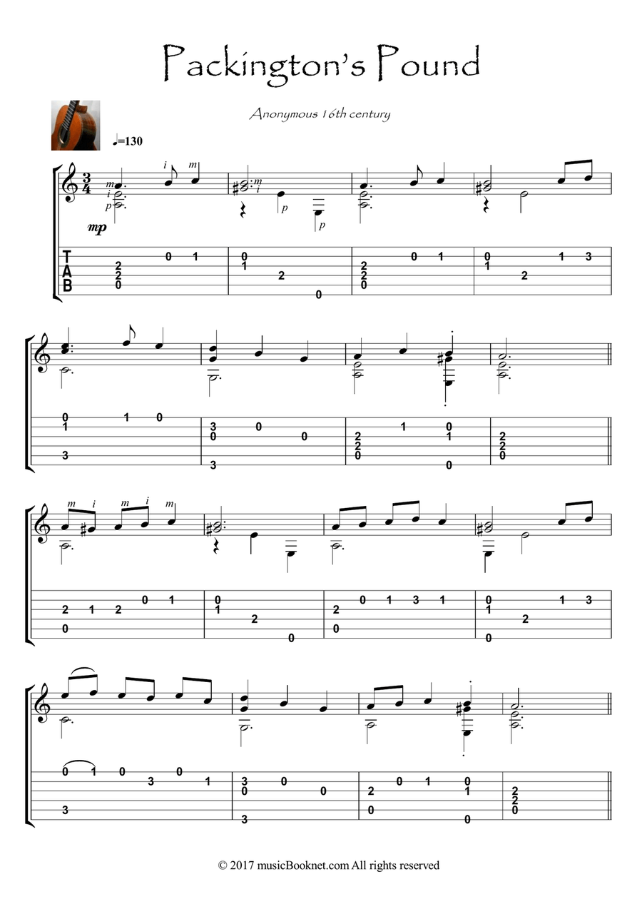 Packington's Pound Guitar sheet music Acoustic Guitar scores gallery preview page 1