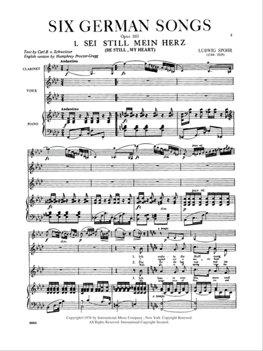 Six German Songs, Opus 103 (With B Flat Clar. Obl.) (G. & E.) Voice Solo scores gallery preview page 2