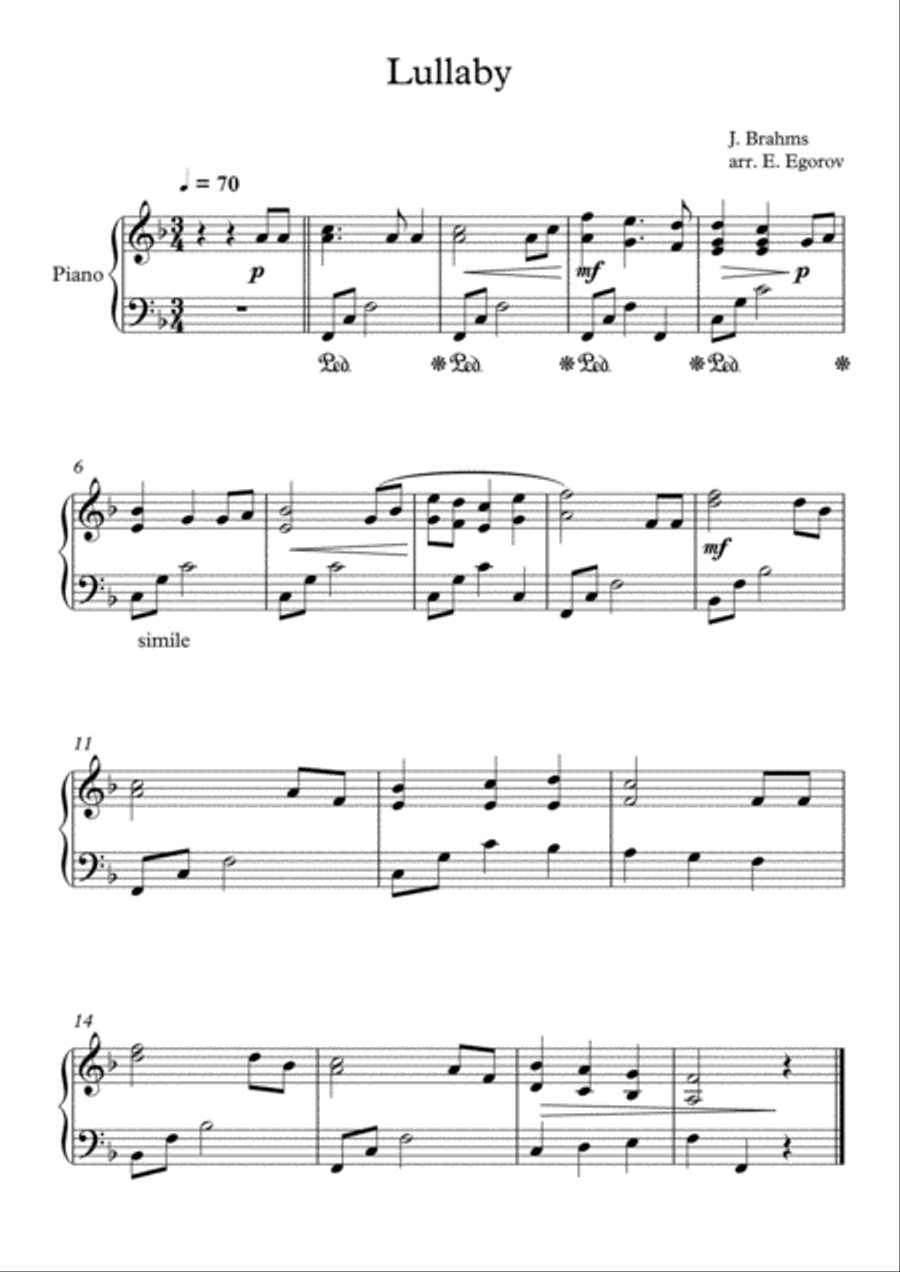 Lullaby, Johannes Brahms, For Easy Piano Easy Piano scores gallery preview page 1