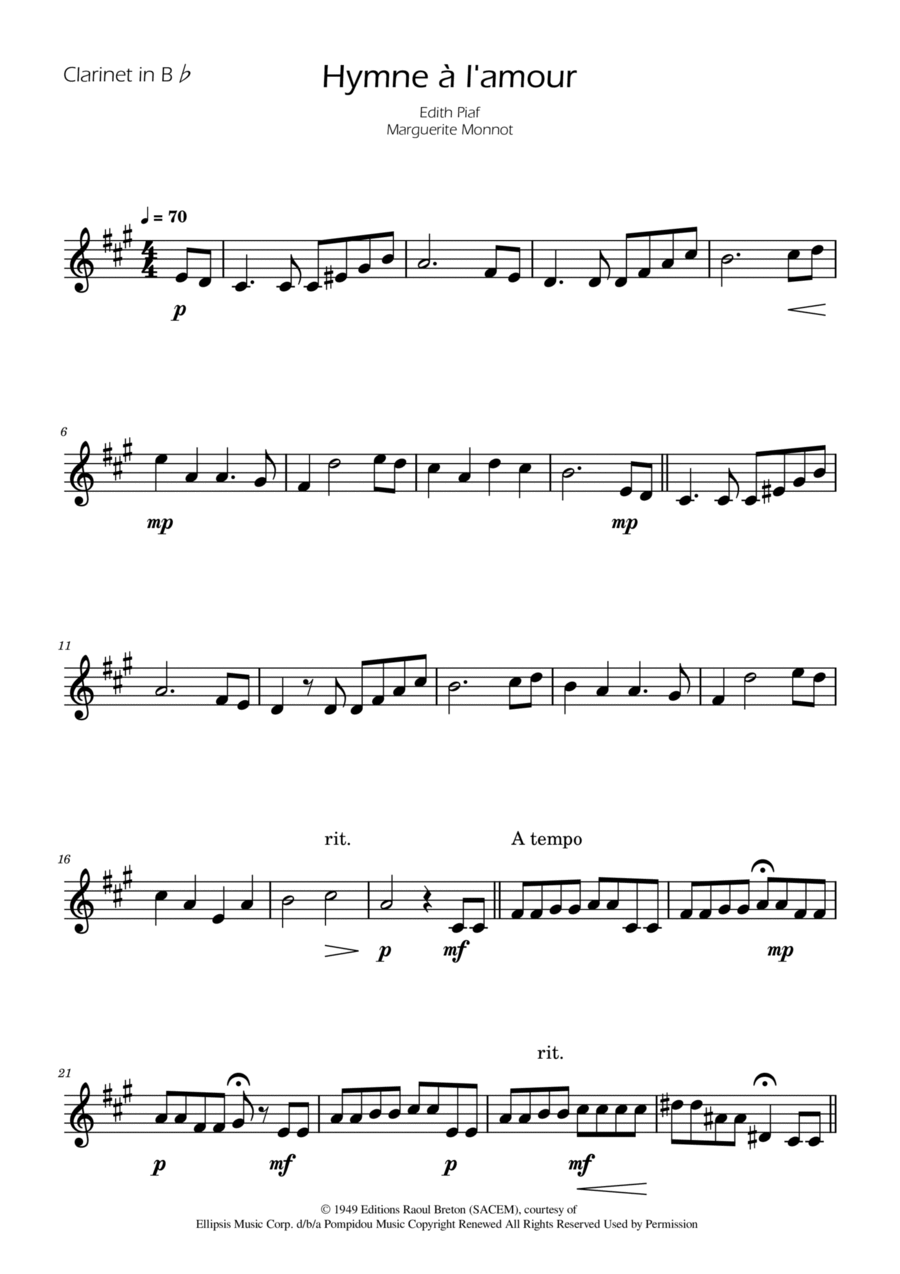 Hymne A L'amour B-Flat Clarinet scores gallery preview page 1