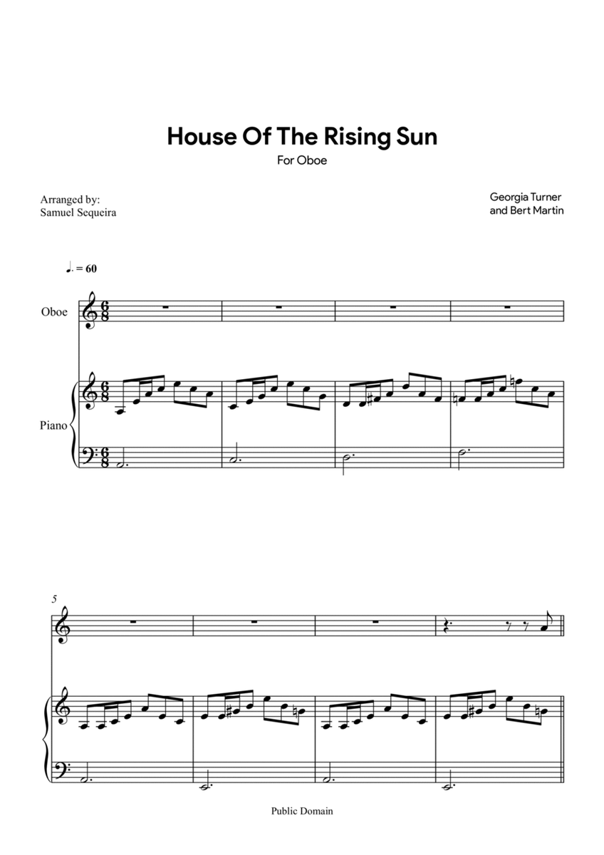 House of the Rising Sun - for Oboe - with play along image number null
