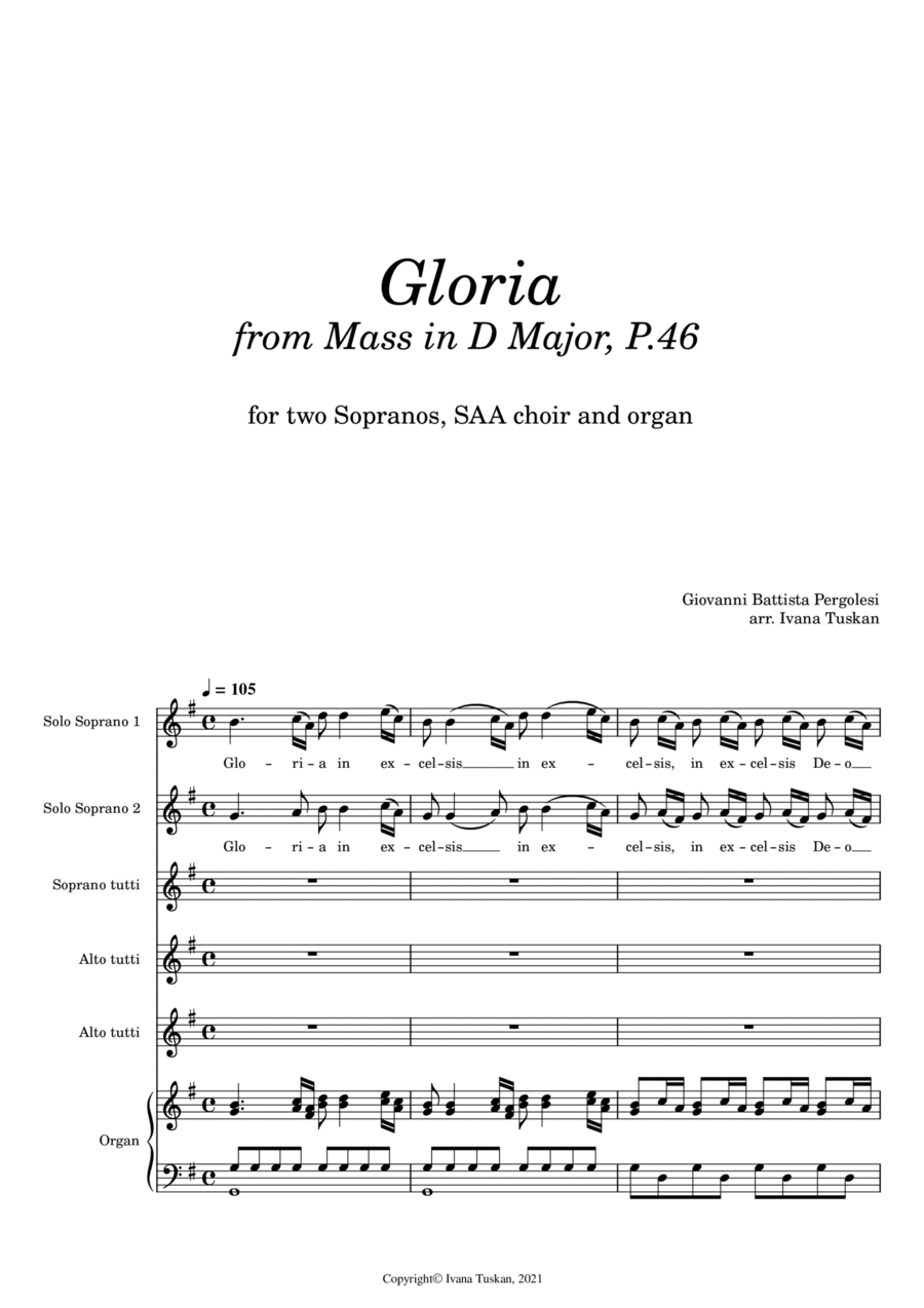 Gloria (from Mass in D Major) for 2 Sopranos, SSA and organ SSA scores gallery preview page 1