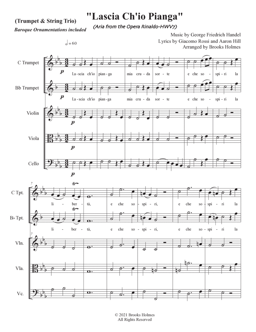 Lascia Ch'io Pianga (Aria from the Opera Rinaldo) for Trumpet & String Trio String Trio scores gallery preview page 1