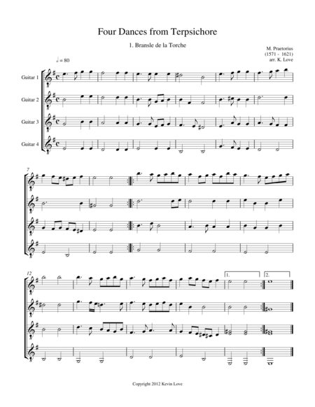 Four Dances from Terpsichore (Guitar Quartet) - Score and Parts image number null
