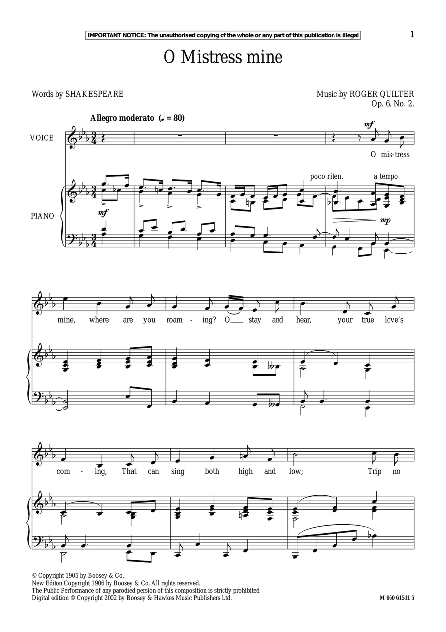 O Mistress Mine O Mistress Mine Piano, Vocal scores gallery preview page 1