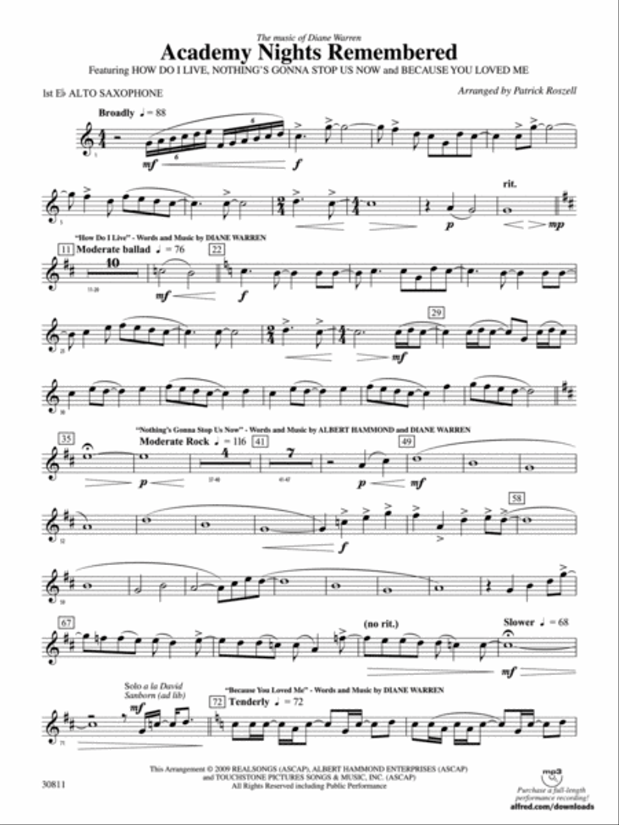 Academy Nights Remembered (The Music of Diane Warren): E-flat Alto Saxophone Concert Band scores gallery preview page 1