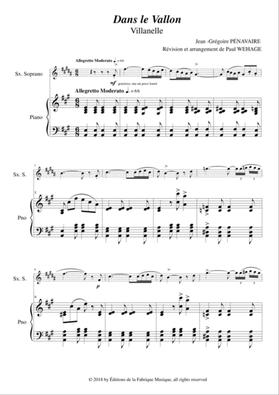 Jean-Grégoire Pénavaire: Dans le Vallon, Villanelle arranged for Bb soprano saxohone and piano