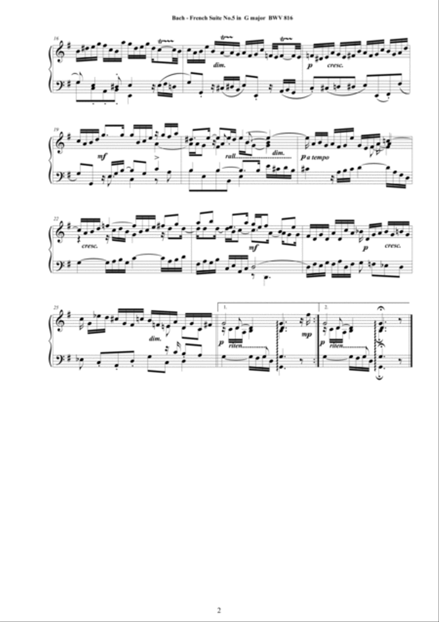 Bach - French Suite No.5 in G major BWV 816 for Piano Piano Solo scores gallery preview page 2