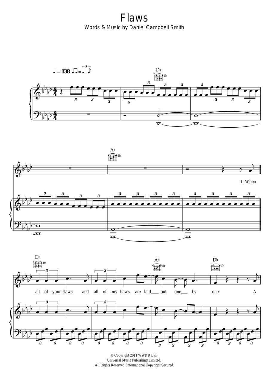 Flaws Flaws Piano, Vocal, Guitar scores gallery preview page 1