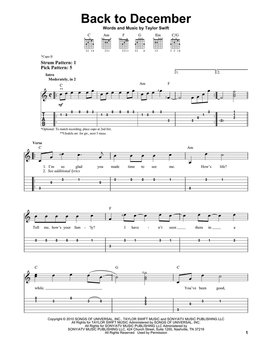 Back To December Acoustic Guitar scores gallery preview page 1