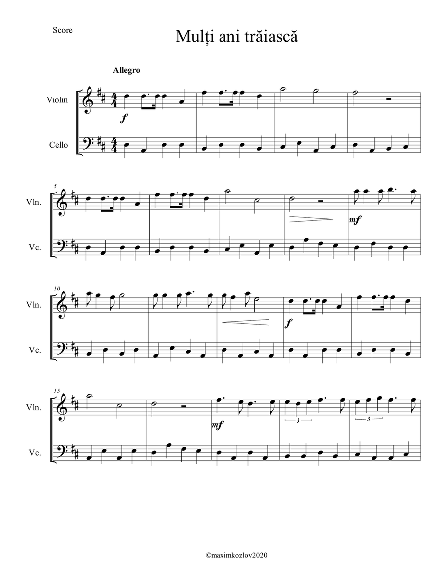 Mulți Ani Trăiască - Romanian Birthday Song - Violin Cello Duo String Duet scores gallery preview page 3