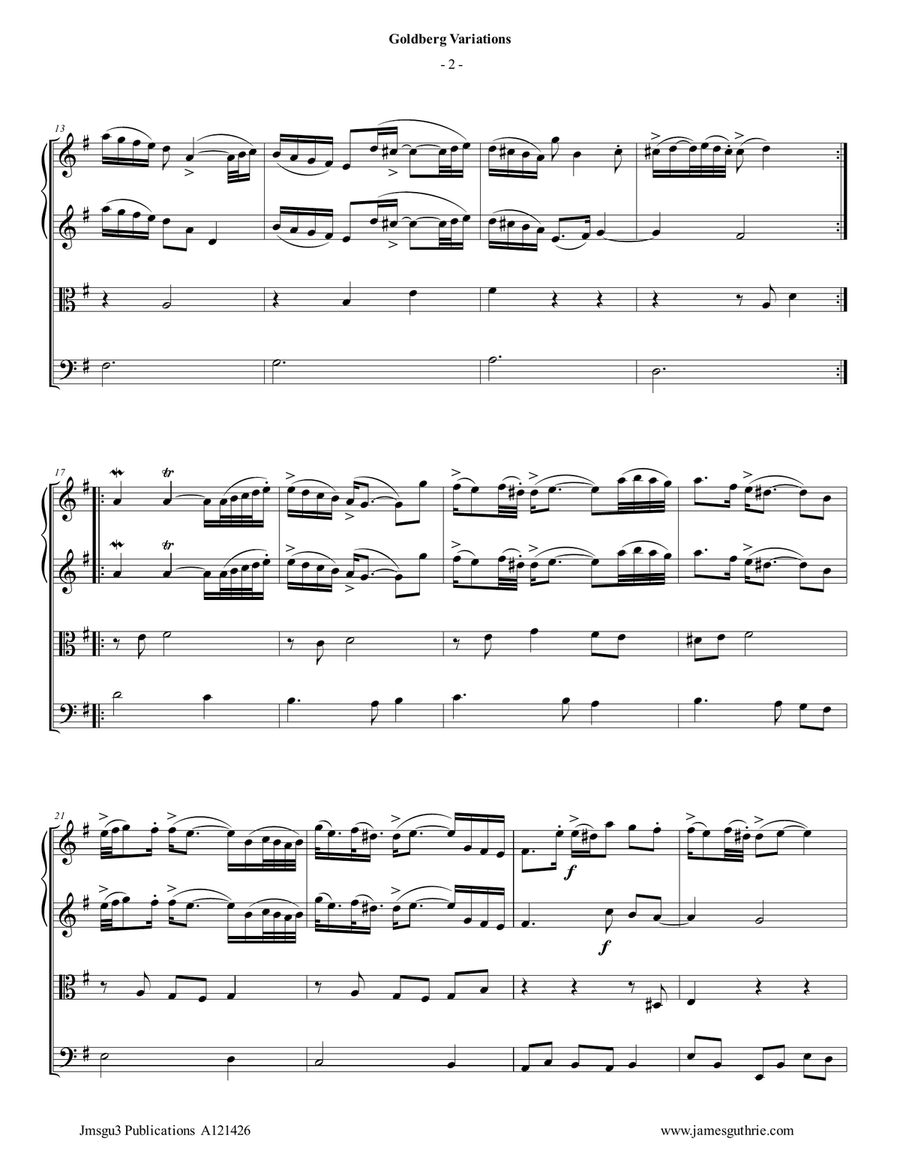 Bach: The Goldberg Variations BWV 988 Complete for String Quartet String Quartet scores gallery preview page 2