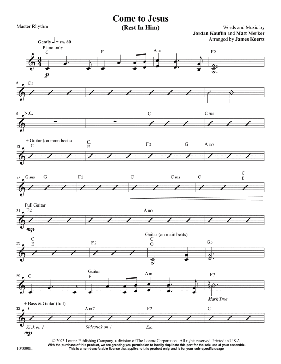 Come to Jesus (Rest in Him) - Master Rhythm Chart Rhythm Section scores gallery preview page 1